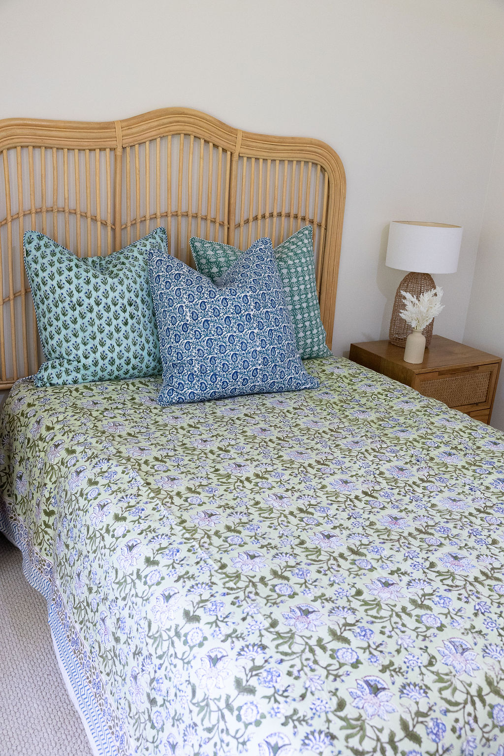 Home Living, Cotton Bed Cover, 100% cotton, hand block print. In green floral - Wild Grove
