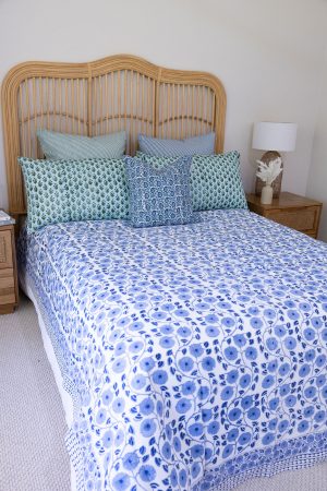 Home Living, Cotton Bed Cover, 100% cotton, hand block print. In blue floral - Sea Breeze