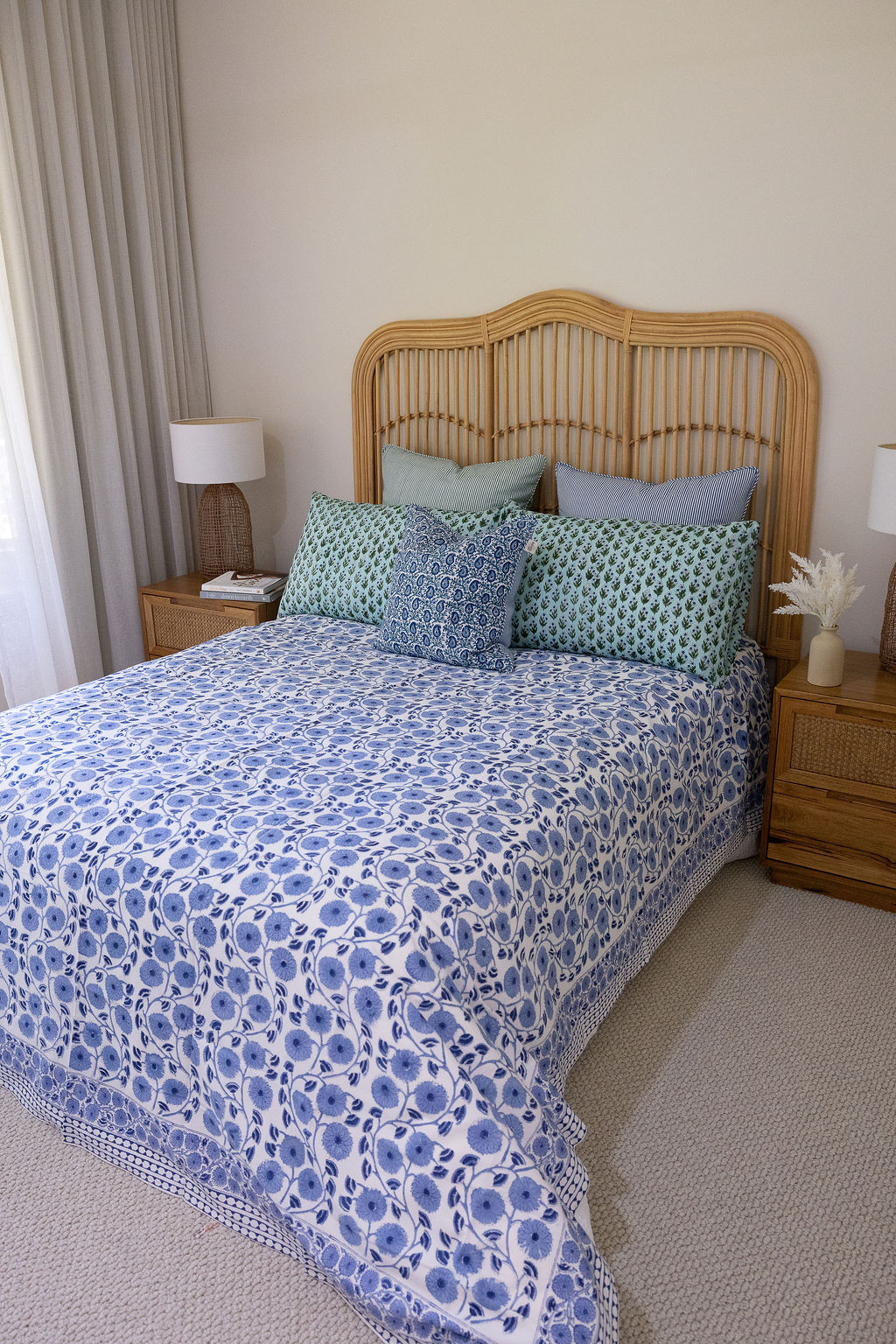 Home Living, Cotton Bed Cover, 100% cotton, hand block print. In blue floral - Sea Breeze