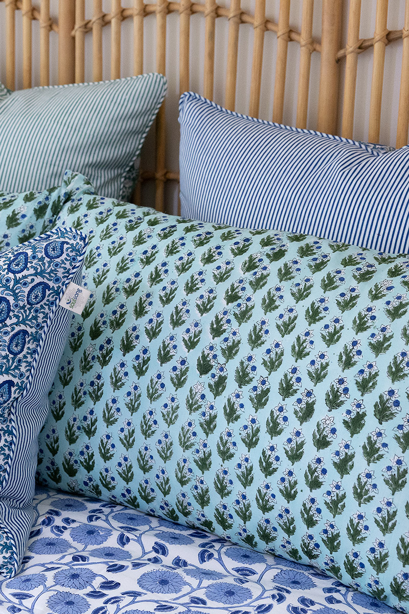 Home Living, Pillow Slips, 48cmx78cm, 100% cotton, hand block print. In blue, green - Sea Meadow