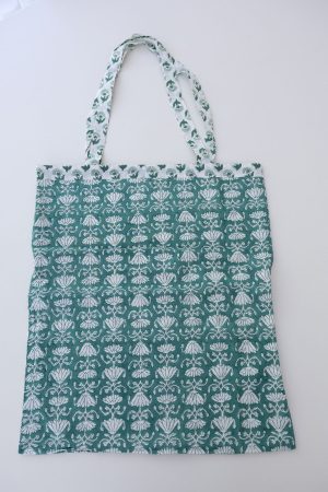 Reversible Bag, Two-Way Tote, 100% cotton, hand block print. In a Green Lotus print - Jade
