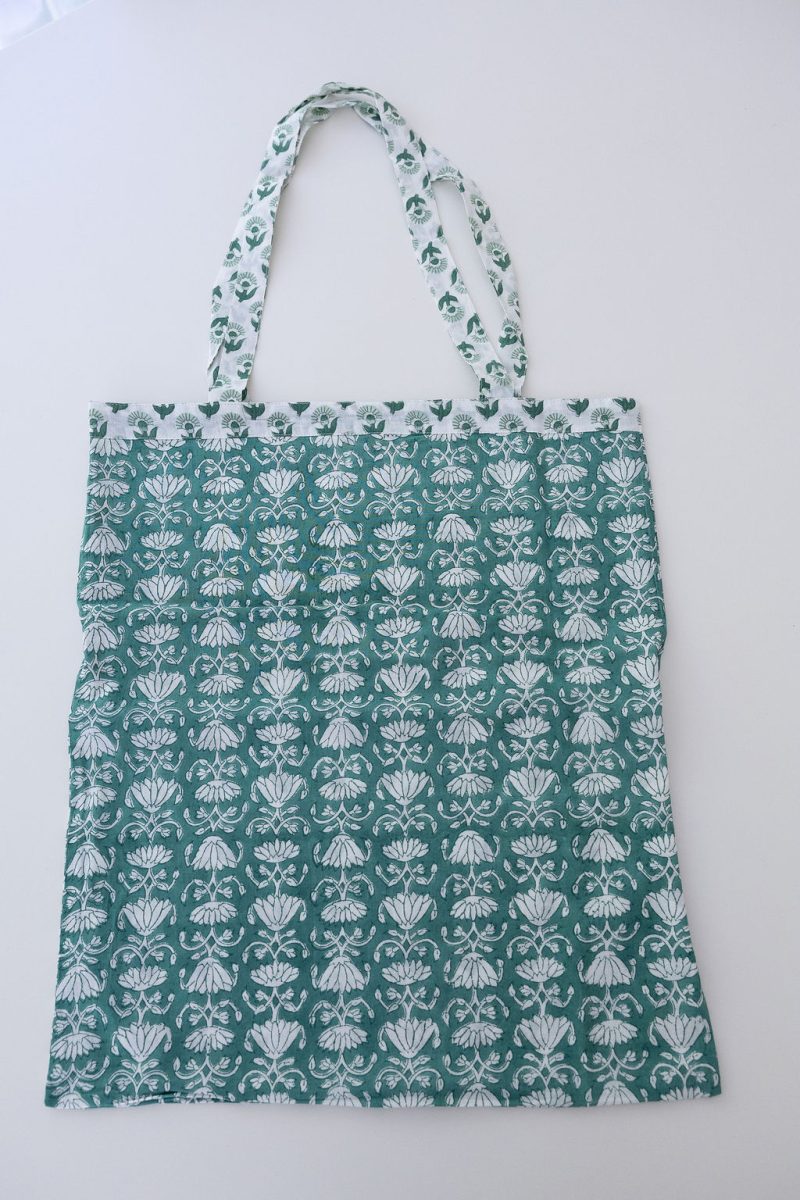 Reversible Bag, Two-Way Tote, 100% cotton, hand block print. In a Green Lotus print - Jade
