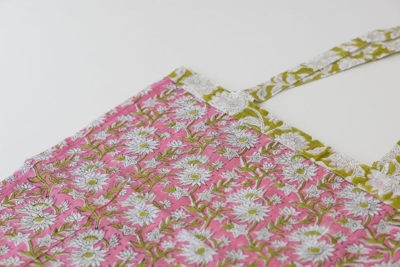 Reversible Bag, Two-Way Tote, 100% cotton, hand block print. In neon Pink & Green floral print - Wild Citron