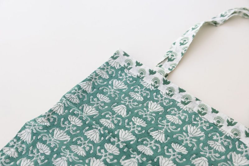 Reversible Bag, Two-Way Tote, 100% cotton, hand block print. In a Green Lotus print - Jade