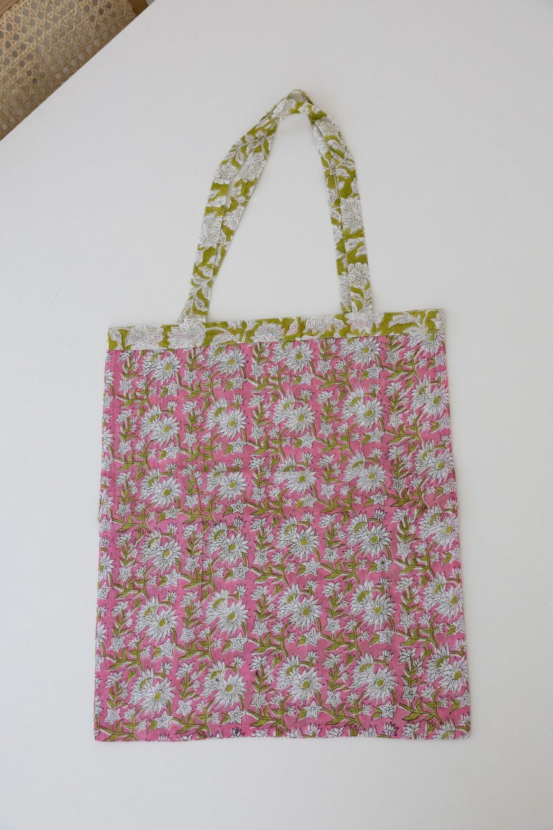 Reversible Bag, Two-Way Tote, 100% cotton, hand block print. In neon Pink & Green floral print - Wild Citron