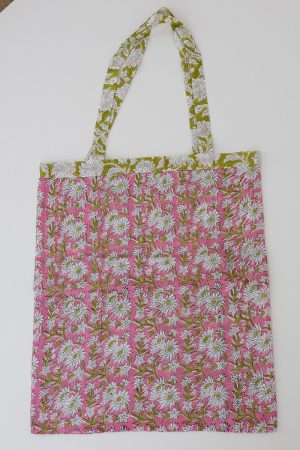 Reversible Bag, Two-Way Tote, 100% cotton, hand block print. In neon Pink & Green floral print - Wild Citron