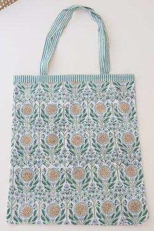 Reversible Bag, Two-Way Tote, 100% cotton, hand block print. In soft sun-drenched woodland tones - Amberwood