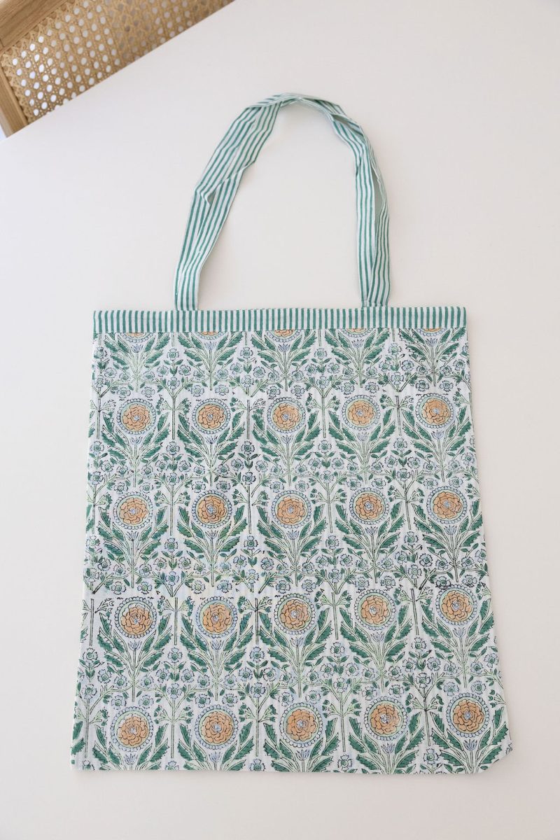 Reversible Bag, Two-Way Tote, 100% cotton, hand block print. In soft sun-drenched woodland tones - Amberwood