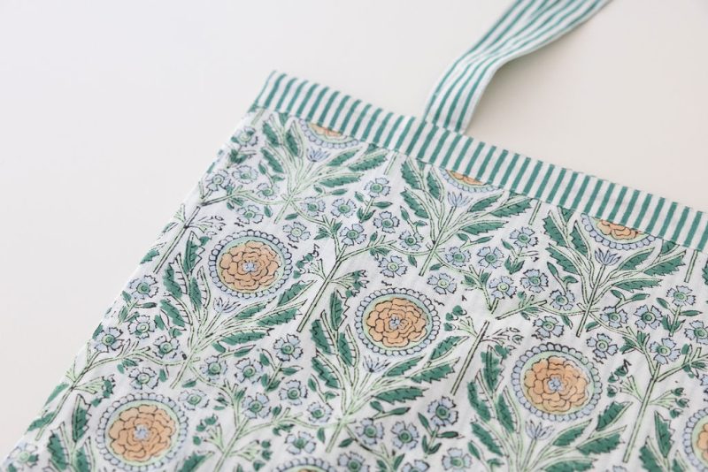 Reversible Bag, Two-Way Tote, 100% cotton, hand block print. In soft sun-drenched woodland tones - Amberwood