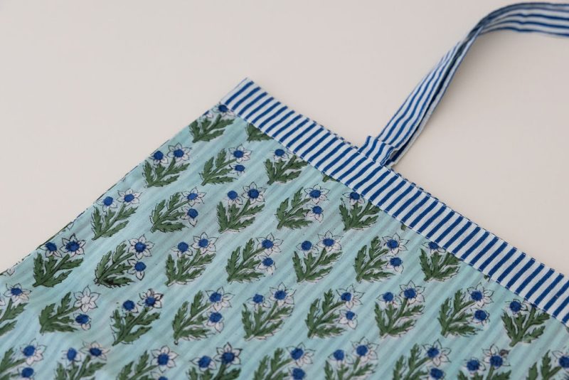 Reversible Bag, Two-Way Tote, 100% cotton, hand block print. In blue, green - Sea Meadow