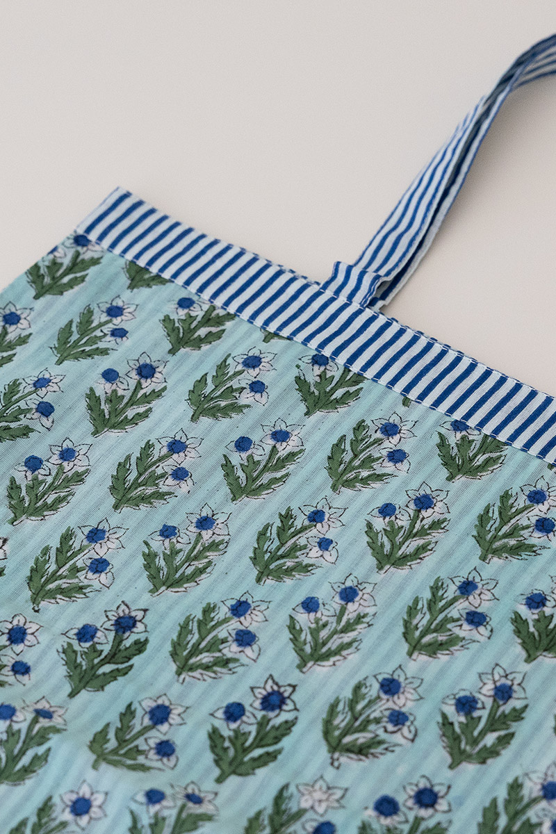 Reversible Bag, Two-Way Tote, 100% cotton, hand block print. In blue, green - Sea Meadow