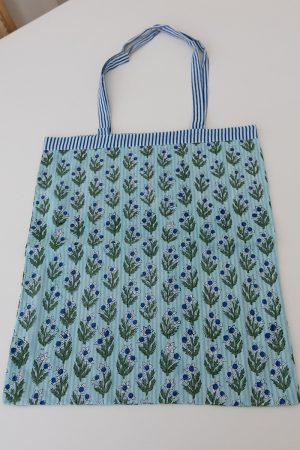 Reversible Bag, Two-Way Tote, 100% cotton, hand block print. In blue, green - Sea Meadow