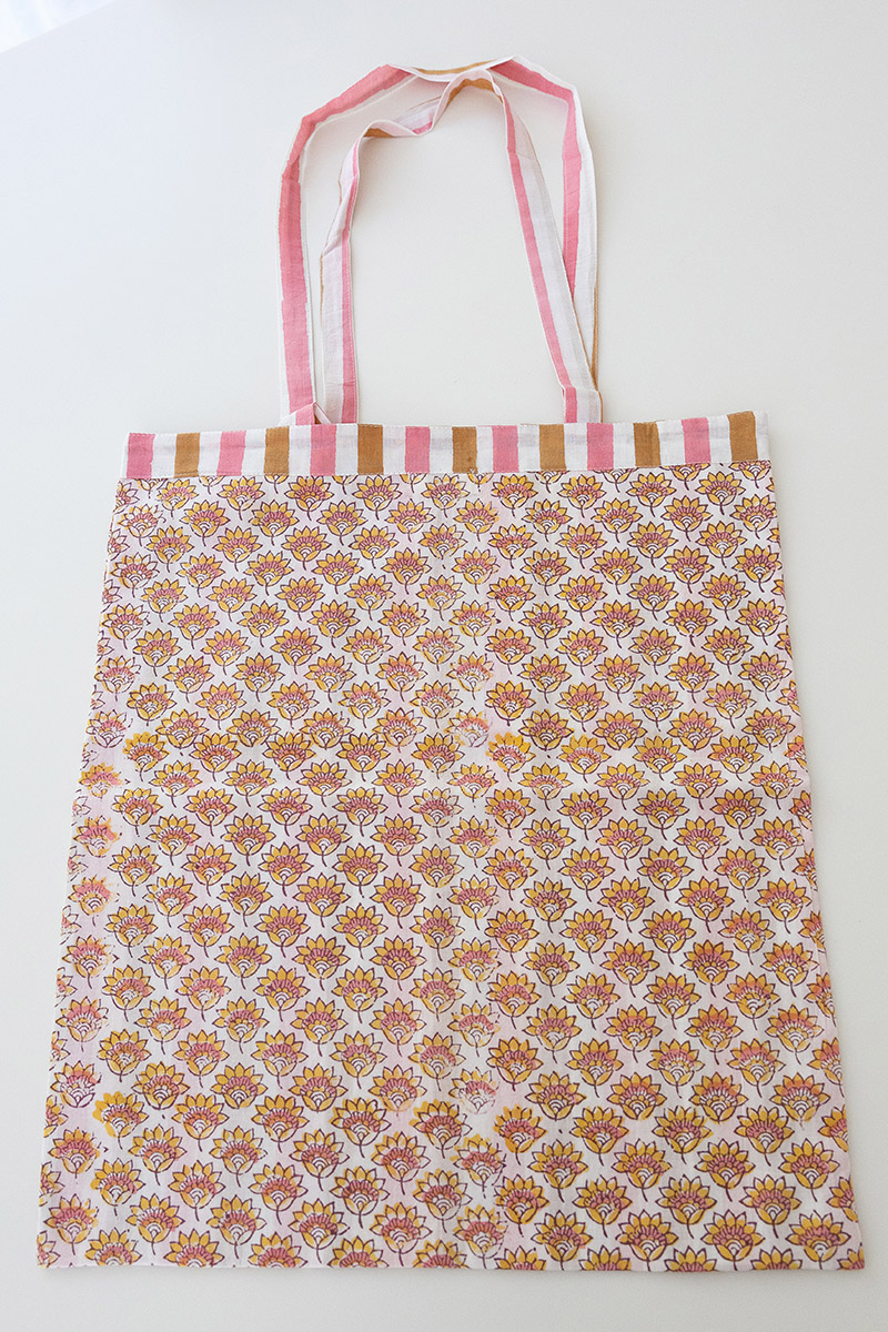 Reversible Bag, Two-Way Tote, 100% cotton, hand block print. In pink and orange - Saffron Rose.