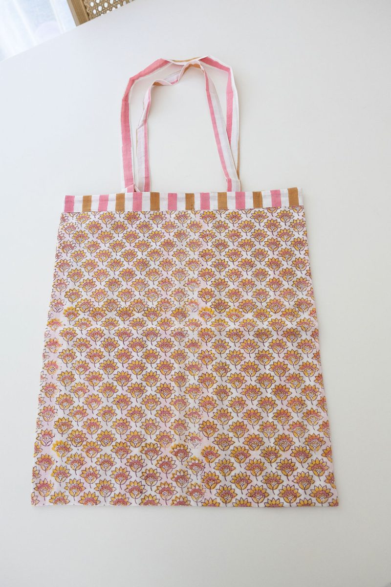 Reversible Bag, Two-Way Tote, 100% cotton, hand block print. In pink and orange - Saffron Rose.