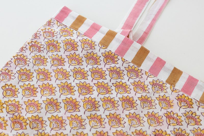Reversible Bag, Two-Way Tote, 100% cotton, hand block print. In pink and orange - Saffron Rose.