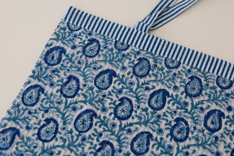 Reversible Bag, Two-Way Tote, 100% cotton, hand block print. In paisley print - Blue Henna.