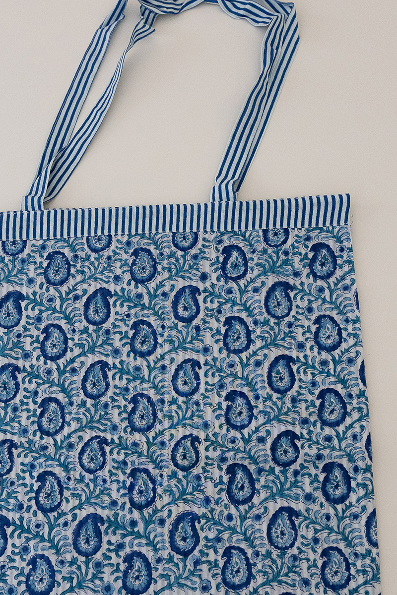 Reversible Bag, Two-Way Tote, 100% cotton, hand block print. In paisley print - Blue Henna.