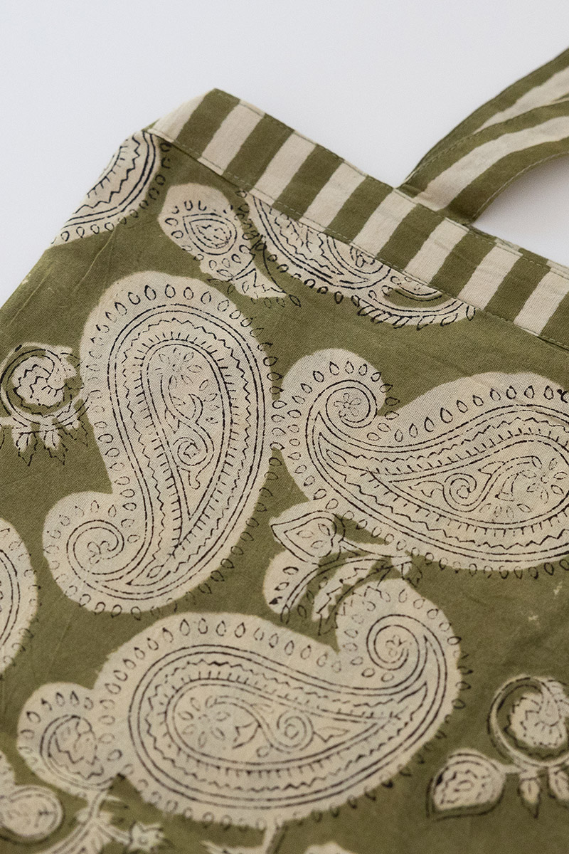 Reversible Bag, Two-Way Tote, 100% cotton, hand block print. In earthy bush tones - Eucalypt.