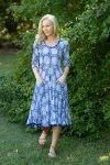 Womens, midi, Flamenco Dress with sleeves, 100% Cotton, hand block print. Tones of blue, Topaz.
