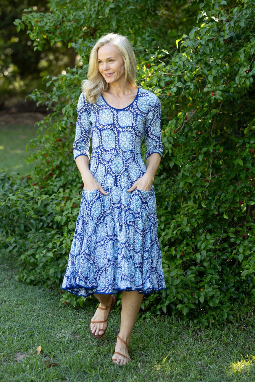 Womens, midi, Flamenco Dress with sleeves, 100% Cotton, hand block print. Tones of blue, Topaz.