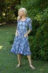 Womens, midi, Flamenco Dress with sleeves, 100% Cotton, hand block print. Tones of blue, Topaz.
