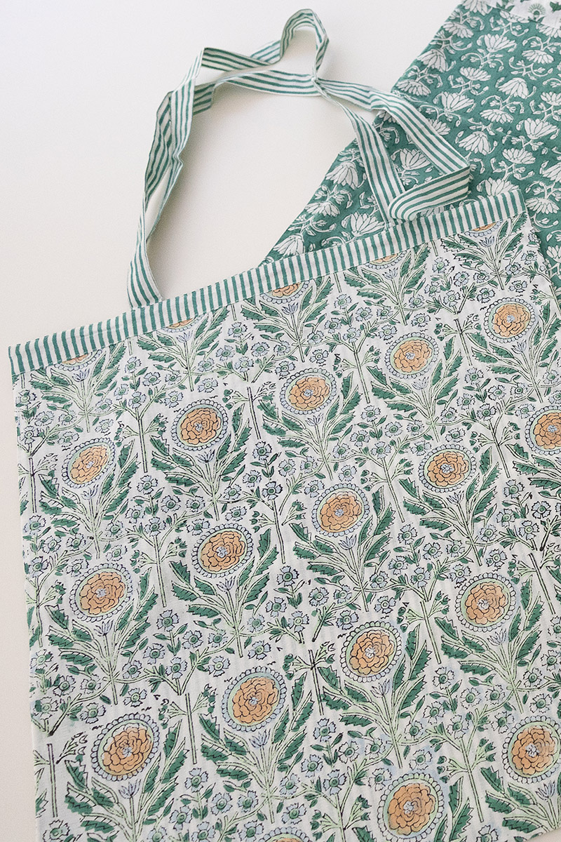 Reversible Bag, Two-Way Tote, 100% cotton, hand block print. In soft sun-drenched woodland tones - Amberwood