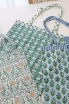 Reversible Bag, Two-Way Tote, 100% cotton, hand block print. In a Green Lotus print - Jade