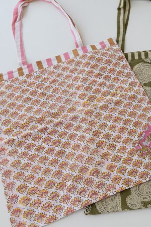 Reversible Bag, Two-Way Tote, 100% cotton, hand block print. In pink and orange - Saffron Rose.