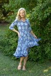 Womens, midi, Flamenco Dress with sleeves, 100% Cotton, hand block print. Tones of blue, Topaz.