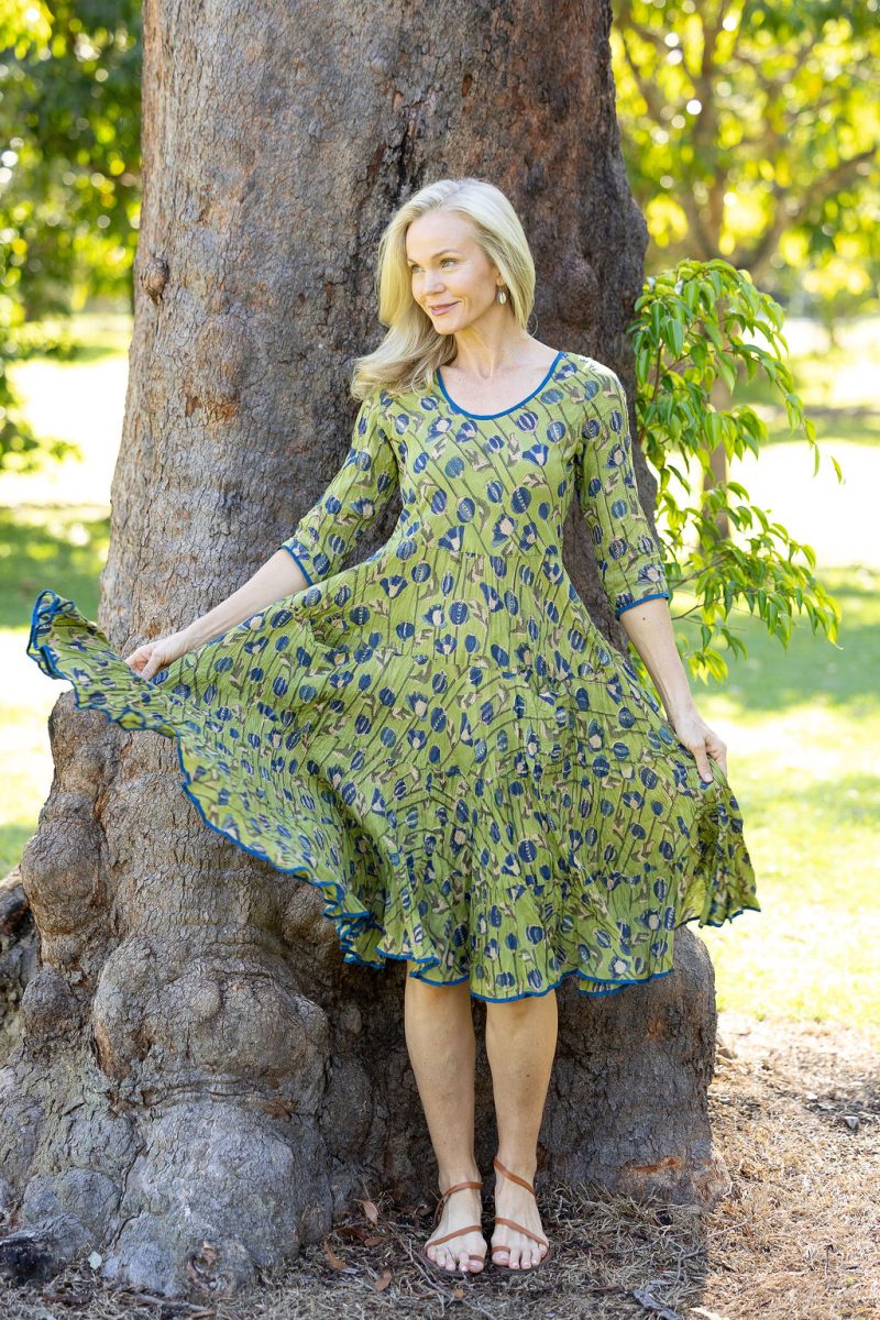 Womens, midi, Flamenco Dress with sleeves, 100% Cotton, hand block print. Sepia & Green, Verde Sol