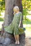 Womens, midi, Flamenco Dress with sleeves, 100% Cotton, hand block print. Sepia & Green, Verde Sol