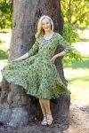 Womens, midi, Flamenco Dress with sleeves, 100% Cotton, hand block print. Sepia & Green, Verde Sol