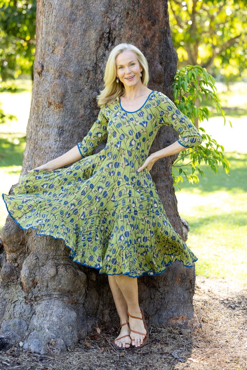 Womens, midi, Flamenco Dress with sleeves, 100% Cotton, hand block print. Sepia & Green, Verde Sol