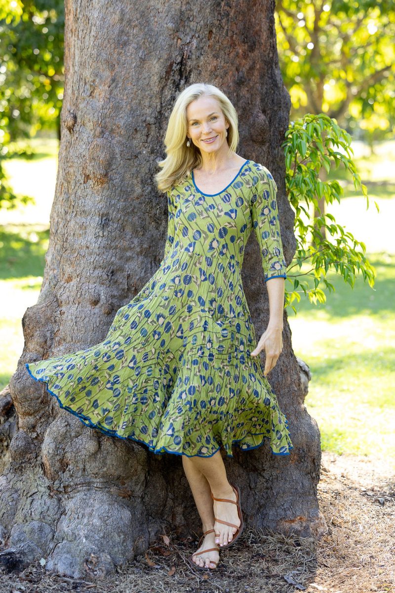 Womens, midi, Flamenco Dress with sleeves, 100% Cotton, hand block print. Sepia & Green, Verde Sol