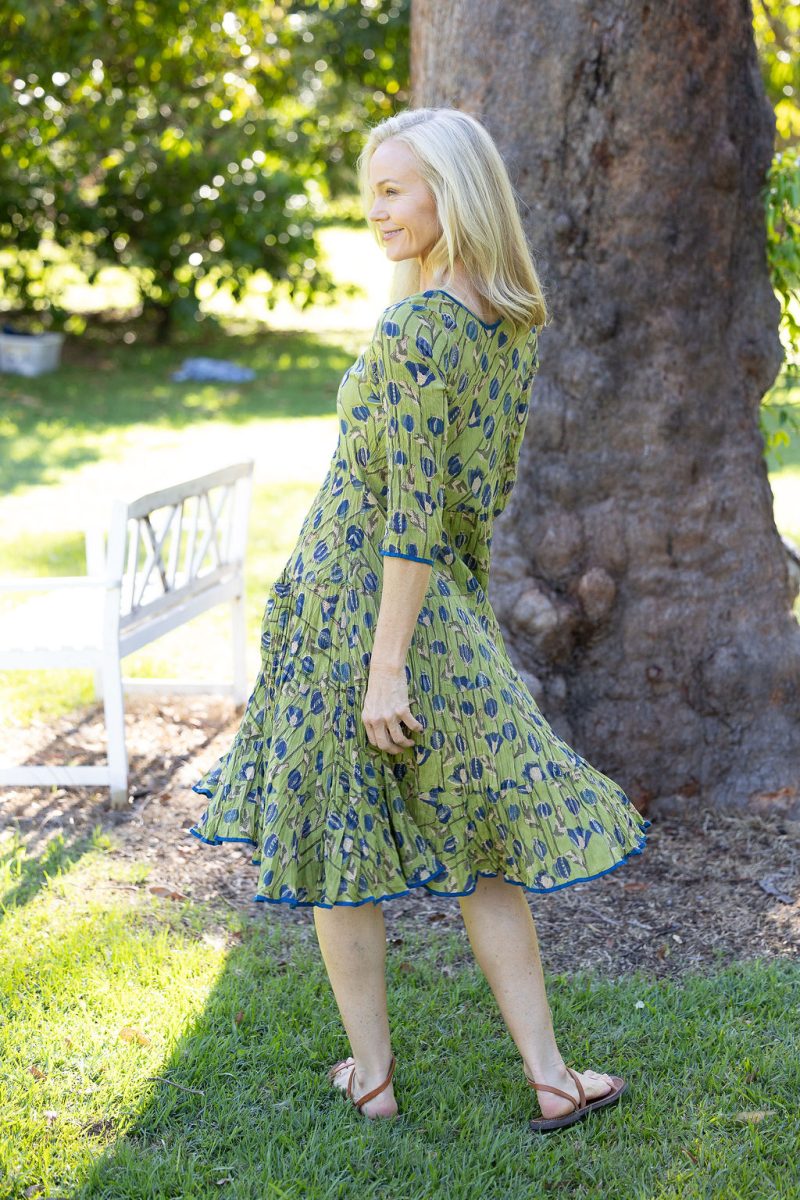 Womens, midi, Flamenco Dress with sleeves, 100% Cotton, hand block print. Sepia & Green, Verde Sol