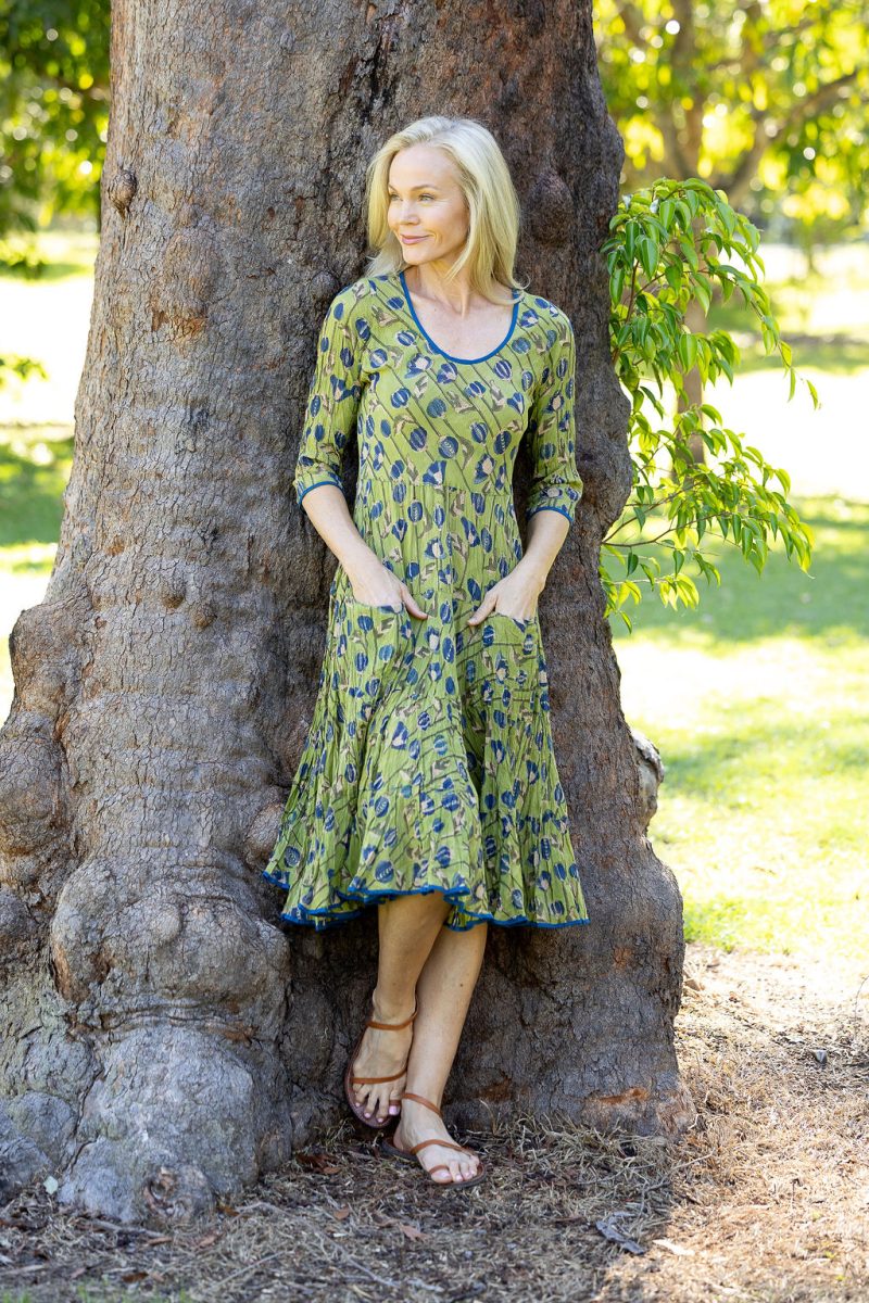 Womens, midi, Flamenco Dress with sleeves, 100% Cotton, hand block print. Sepia & Green, Verde Sol