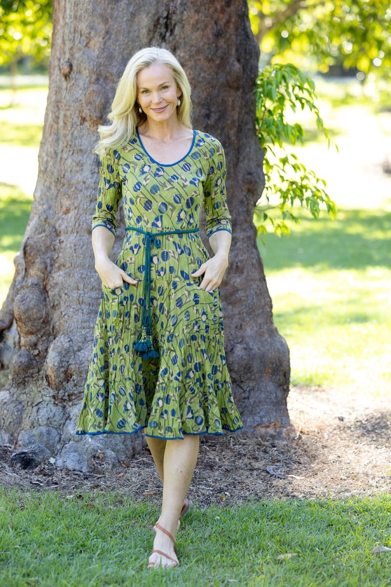 Womens, midi, Flamenco Dress with sleeves, 100% Cotton, hand block print. Sepia & Green, Verde Sol