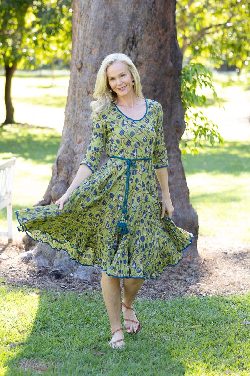 Womens, midi, Flamenco Dress with sleeves, 100% Cotton, hand block print. Sepia & Green, Verde Sol