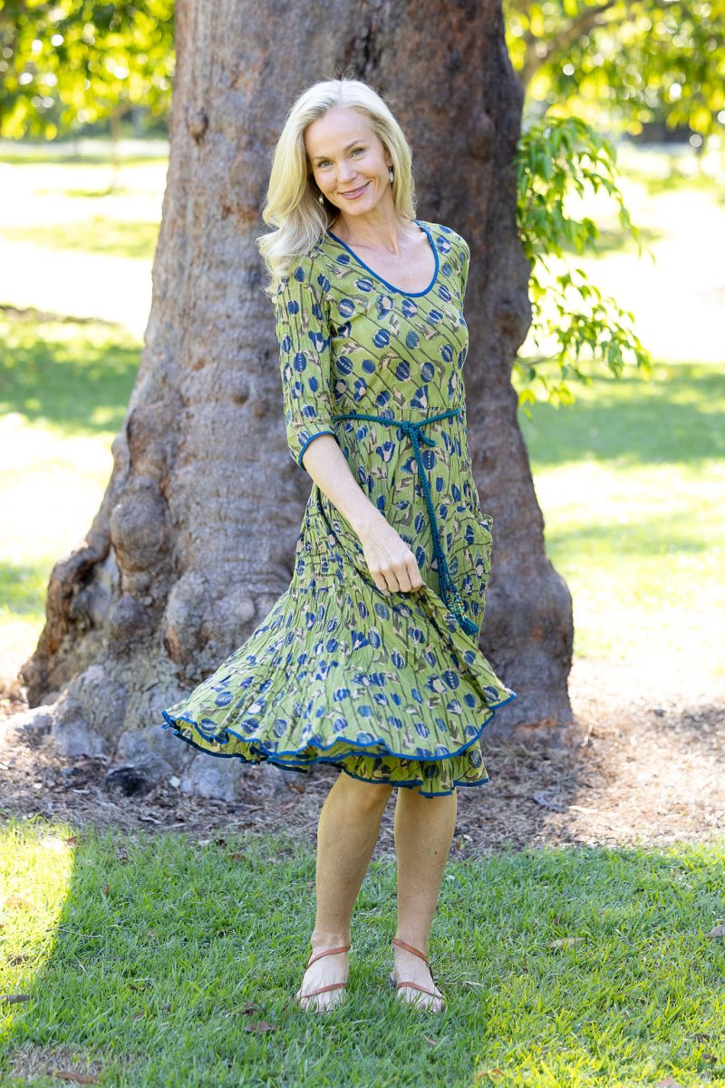 Womens, midi, Flamenco Dress with sleeves, 100% Cotton, hand block print. Sepia & Green, Verde Sol