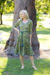 Womens, midi, Flamenco Dress with sleeves, 100% Cotton, hand block print. Sepia & Green, Verde Sol