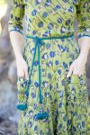 Womens, midi, Flamenco Dress with sleeves, 100% Cotton, hand block print. Sepia & Green, Verde Sol