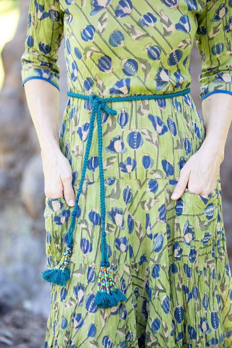Womens, midi, Flamenco Dress with sleeves, 100% Cotton, hand block print. Sepia & Green, Verde Sol