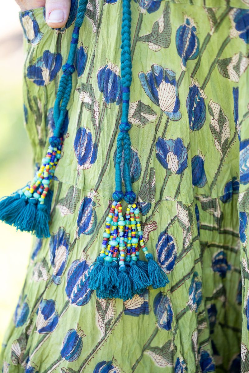 Womens, midi, Flamenco Dress with sleeves, 100% Cotton, hand block print. Sepia & Green, Verde Sol