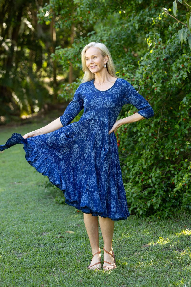 Womens, midi, Flamenco Dress with sleeves, 100% Cotton, hand block print. In natural blue - Indigo Tara