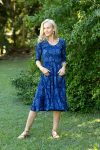 Womens, midi, Flamenco Dress with sleeves, 100% Cotton, hand block print. In natural blue - Indigo Tara