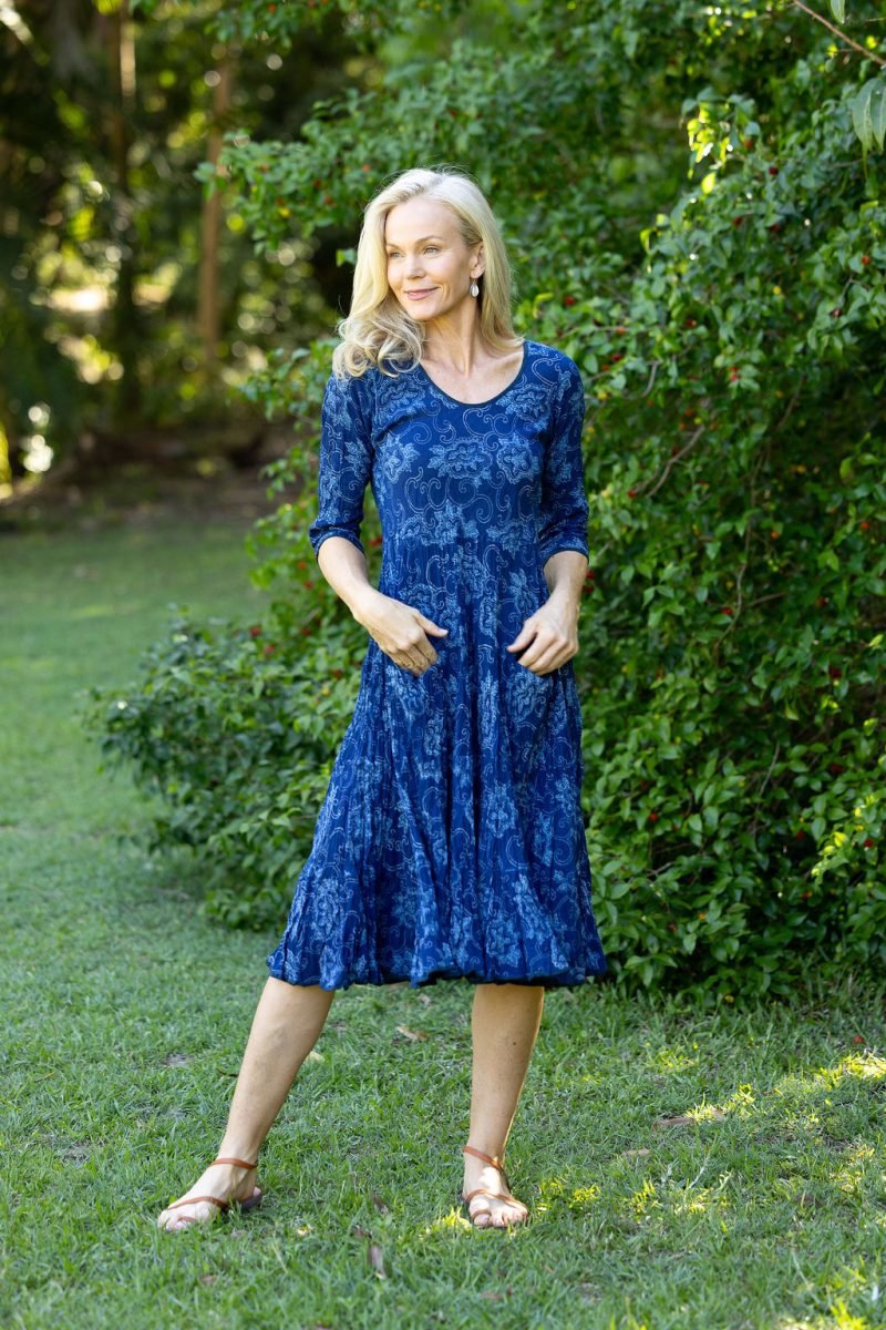 Womens, midi, Flamenco Dress with sleeves, 100% Cotton, hand block print. In natural blue - Indigo Tara