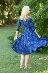 Womens, midi, Flamenco Dress with sleeves, 100% Cotton, hand block print. In natural blue - Indigo Tara