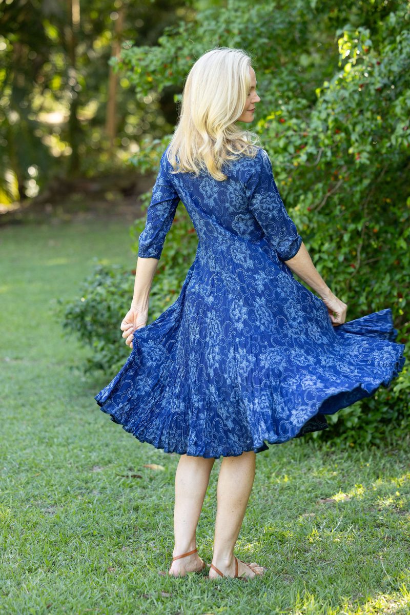Womens, midi, Flamenco Dress with sleeves, 100% Cotton, hand block print. In natural blue - Indigo Tara