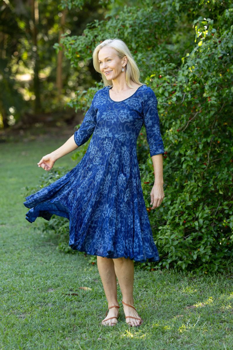 Womens, midi, Flamenco Dress with sleeves, 100% Cotton, hand block print. In natural blue - Indigo Tara