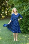 Womens, midi, Flamenco Dress with sleeves, 100% Cotton, hand block print. In natural blue - Indigo Tara